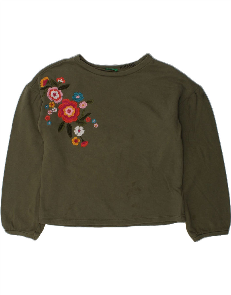 BENETTON Girls Graphic Sweatshirt Jumper 13-14 Years Khaki Floral | Vintage Benetton | Thrift | Second-Hand Benetton | Used Clothing | Messina Hembry 