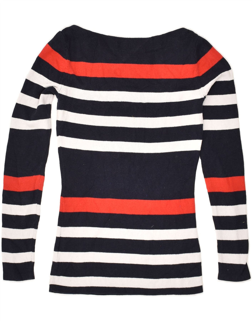 TOMMY HILFIGER Womens Boat Neck Jumper Sweater UK 4 XS Navy Blue Striped | Vintage Tommy Hilfiger | Thrift | Second-Hand Tommy Hilfiger | Used Clothing | Messina Hembry 