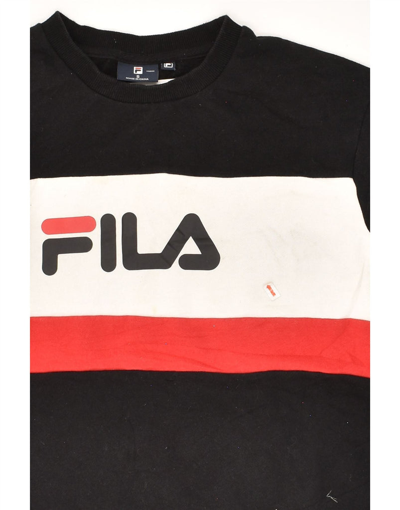 FILA Mens Graphic Sweatshirt Jumper Small Black Colourblock Cotton | Vintage Fila | Thrift | Second-Hand Fila | Used Clothing | Messina Hembry 