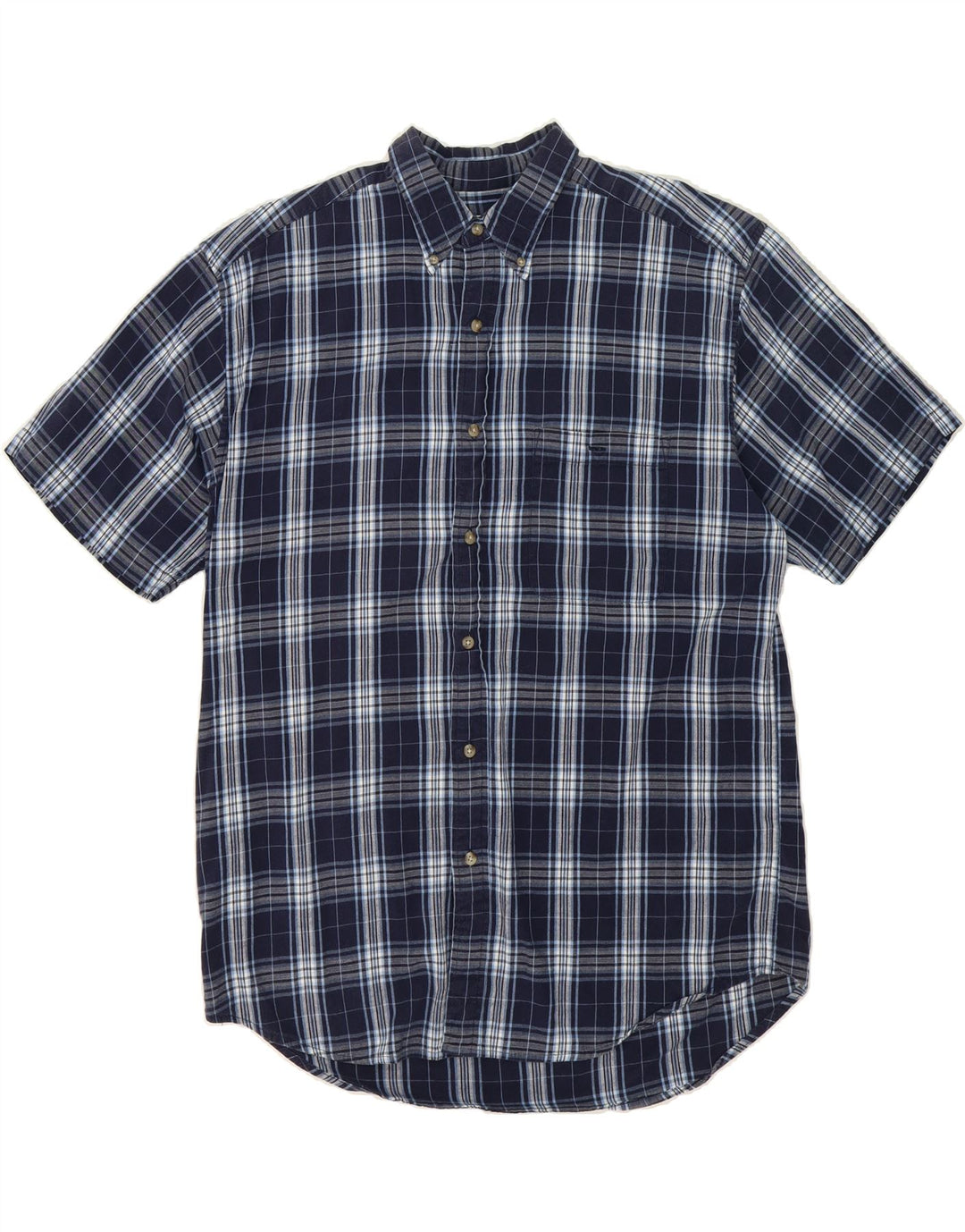 EDDIE BAUER Mens Short Sleeve Shirt Large Navy Blue Check Cotton Vintage Eddie Bauer and Second-Hand Eddie Bauer from Messina Hembry 