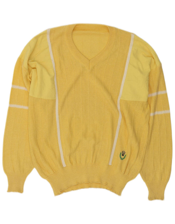Vintage Mens V-Neck Jumper Sweater XL Yellow Striped