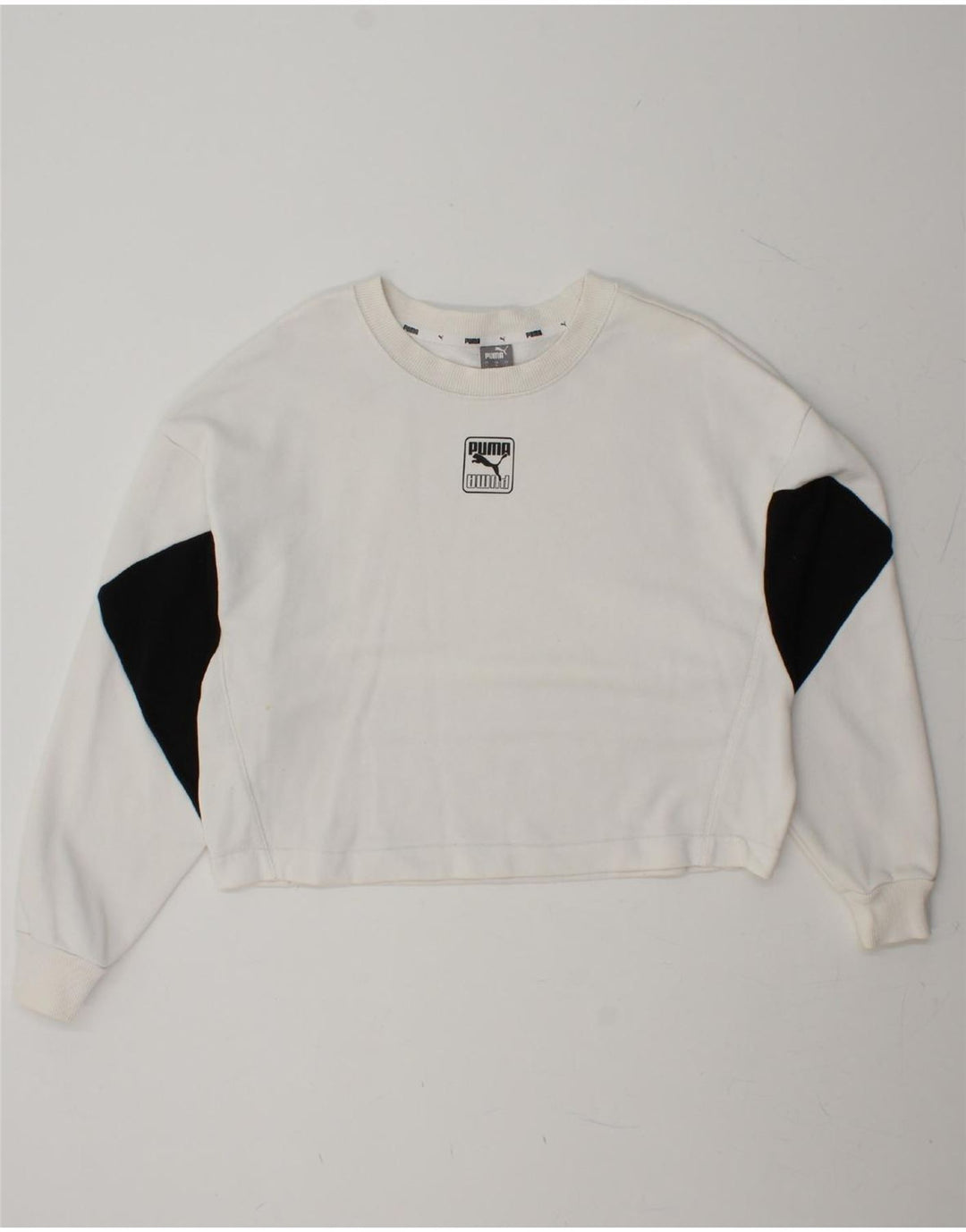PUMA Womens Crop Oversized Sweatshirt Jumper UK 16 Large White Colourblock Vintage Puma and Second-Hand Puma from Messina Hembry 