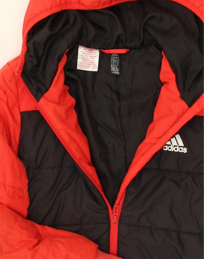 ADIDAS Boys Hooded Padded Jacket 11-12 Years Red Colourblock Polyester | Vintage Adidas | Thrift | Second-Hand Adidas | Used Clothing | Messina Hembry 