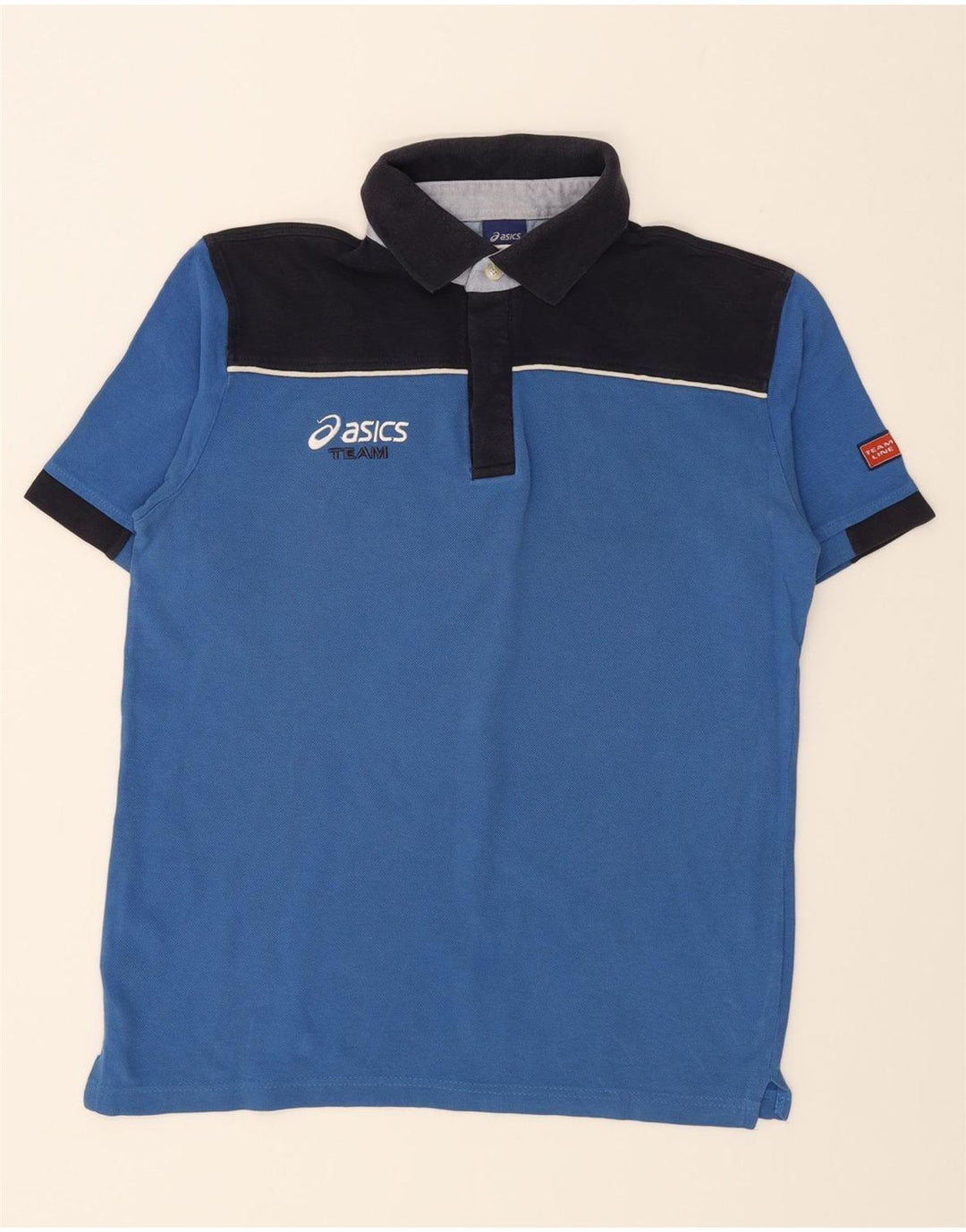 ASICS Mens Polo Shirt Large Blue Colourblock Vintage Asics and Second-Hand Asics from Messina Hembry 