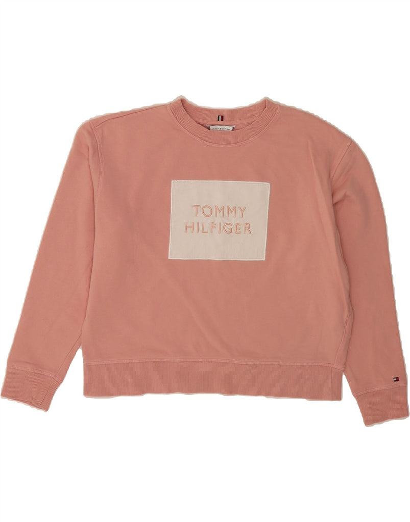 TOMMY HILFIGER Womens Graphic Sweatshirt Jumper UK 14 Medium Pink Cotton Vintage Tommy Hilfiger and Second-Hand Tommy Hilfiger from Messina Hembry 