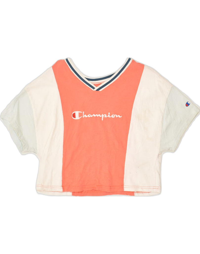 CHAMPION Womens Crop Graphic T-Shirt Top UK 14 Small Orange Colourblock | Vintage Champion | Thrift | Second-Hand Champion | Used Clothing | Messina Hembry 