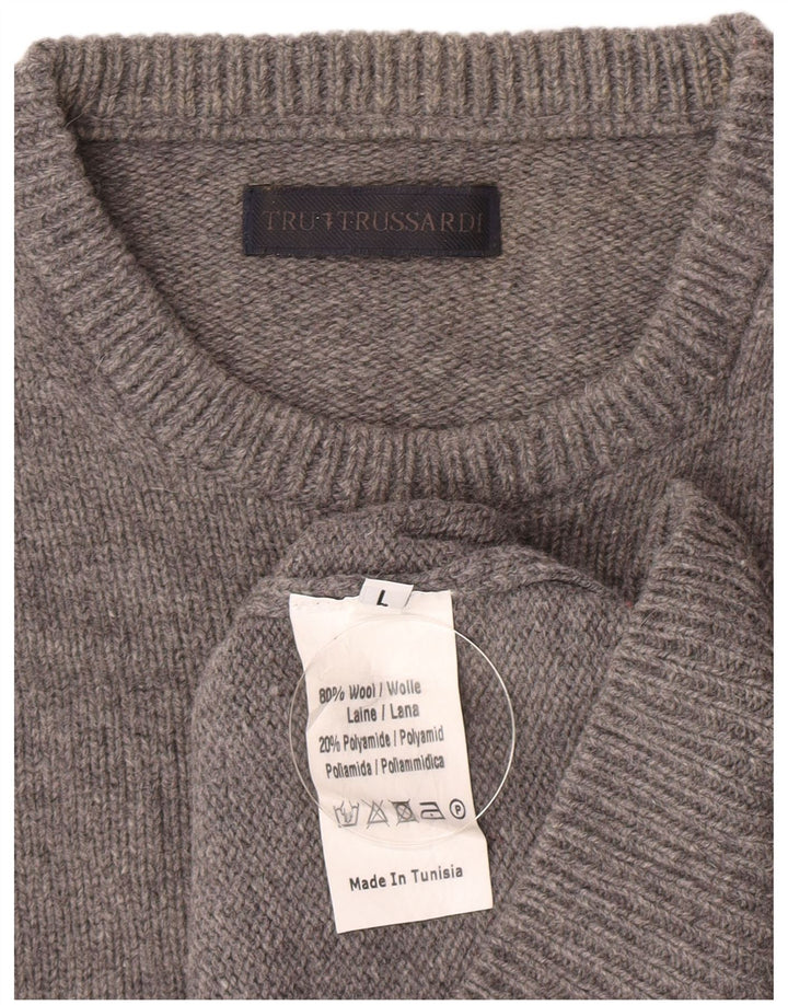Trussardi Womens Crew Neck Jumper Sweater UK 16 Large Grey Wool