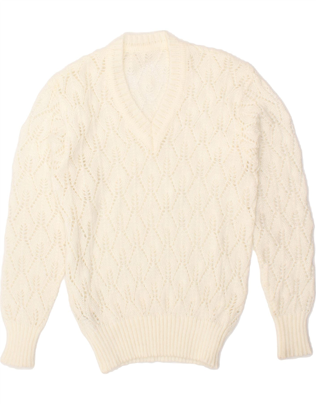 VINTAGE Womens V-Neck Jumper Sweater UK 14 Large White Polyacrylic Vintage Vintage and Second-Hand Vintage from Messina Hembry 