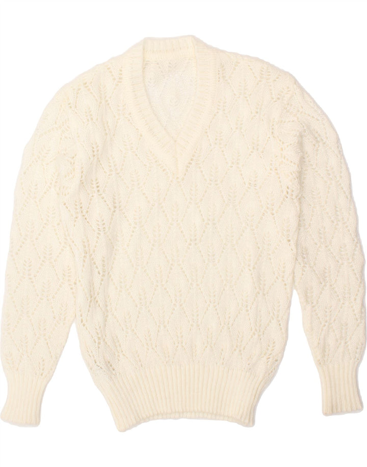 VINTAGE Womens V-Neck Jumper Sweater UK 14 Large White Polyacrylic Vintage Vintage and Second-Hand Vintage from Messina Hembry 