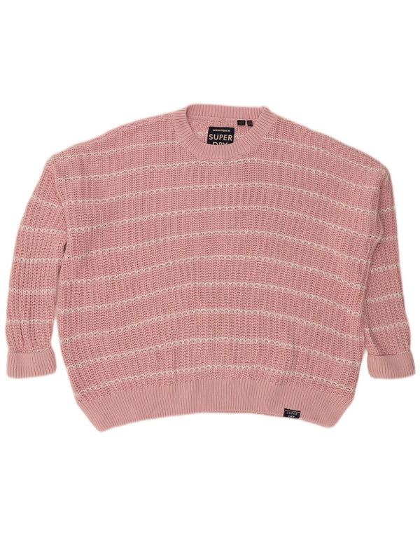 Superdry Womens Oversized Crew Neck Jumper Sweater UK 14 Large Pink Striped