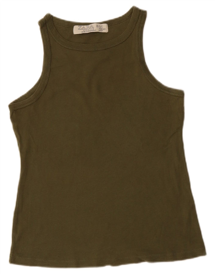 ZARA Womens Vest Top UK 12 Medium Khaki Cotton
