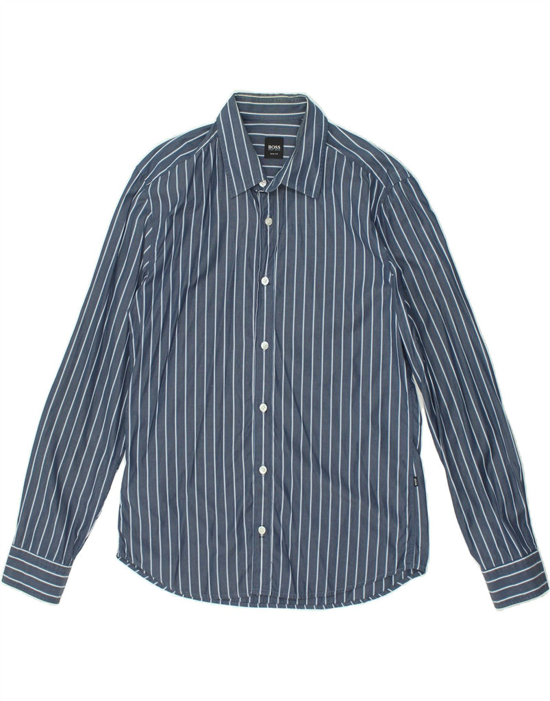 HUGO BOSS Mens Slim Fit Shirt Medium Navy Blue Striped Cotton | Vintage Hugo Boss | Thrift | Second-Hand Hugo Boss | Used Clothing | Messina Hembry 