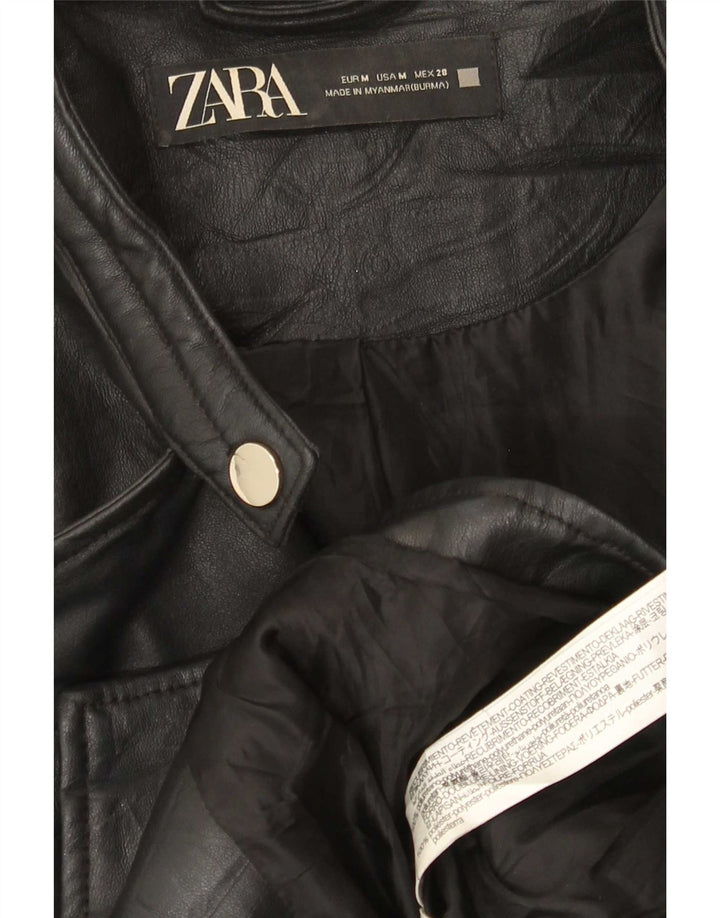 Zara Womens Crop Faux Leather Biker Jacket UK 12 Medium Black Polyethylene