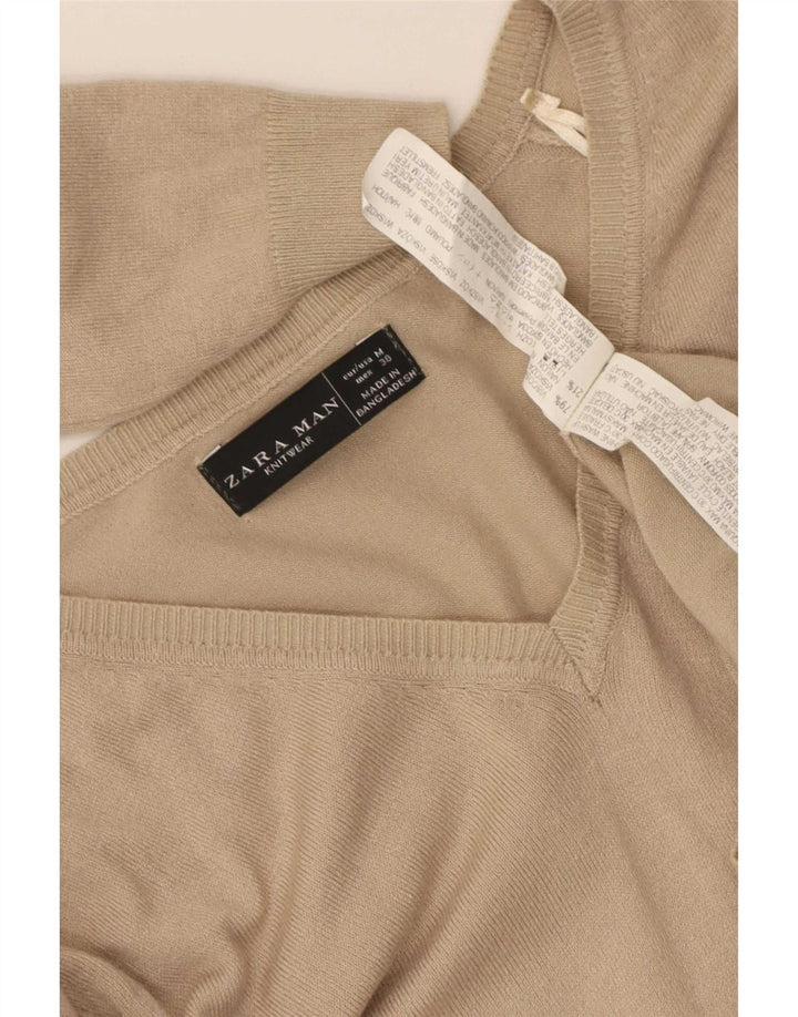 Zara Mens V-Neck Jumper Sweater Medium Beige Viscose