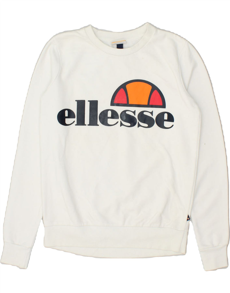 ELLESSE Womens Graphic Sweatshirt Jumper UK 4 XS White Cotton | Vintage Ellesse | Thrift | Second-Hand Ellesse | Used Clothing | Messina Hembry 