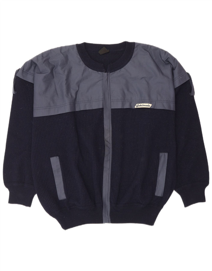 Vintage Mens Cardigan Sweater XL Navy Blue Colourblock Wool