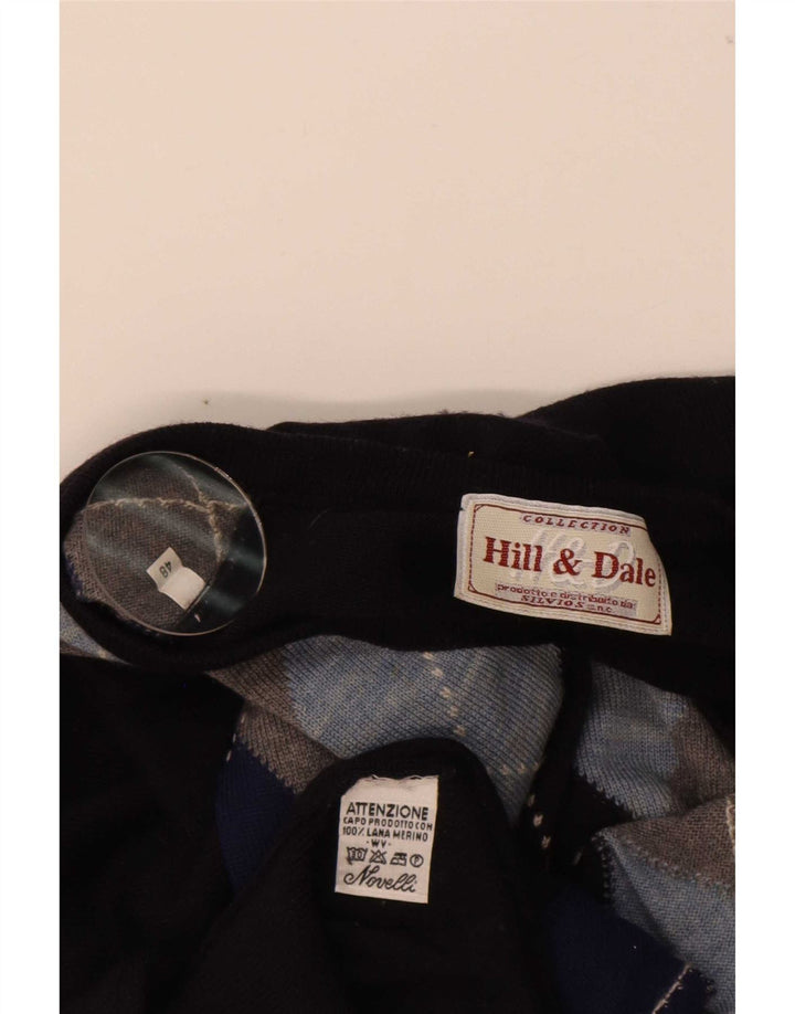 Vintage Mens V-Neck Jumper Sweater IT 48 Medium Navy Blue Argyle/Diamond