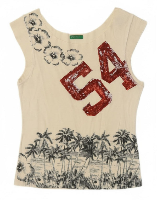 Benetton Womens Crop Graphic Vest Top UK 4 XS Off White Floral Tropical