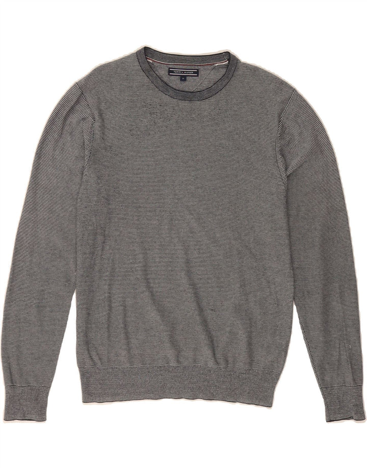TOMMY HILFIGER Mens Crew Neck Jumper Sweater Medium Grey Pinstripe Cotton Vintage Tommy Hilfiger and Second-Hand Tommy Hilfiger from Messina Hembry 