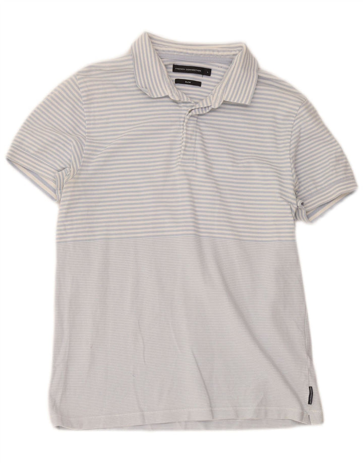 French Connection Mens Slim Polo Shirt Large Blue Striped Cotton