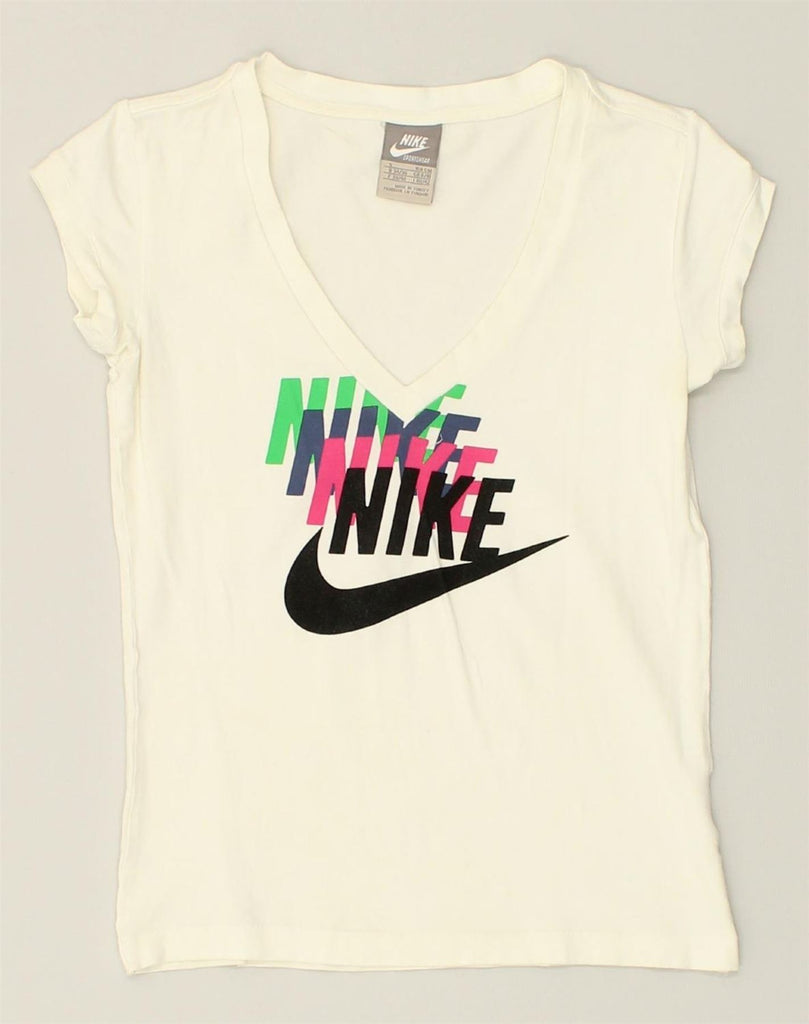 NIKE Womens Graphic T-Shirt Top UK 8-10 Small White Cotton | Vintage Nike | Thrift | Second-Hand Nike | Used Clothing | Messina Hembry 