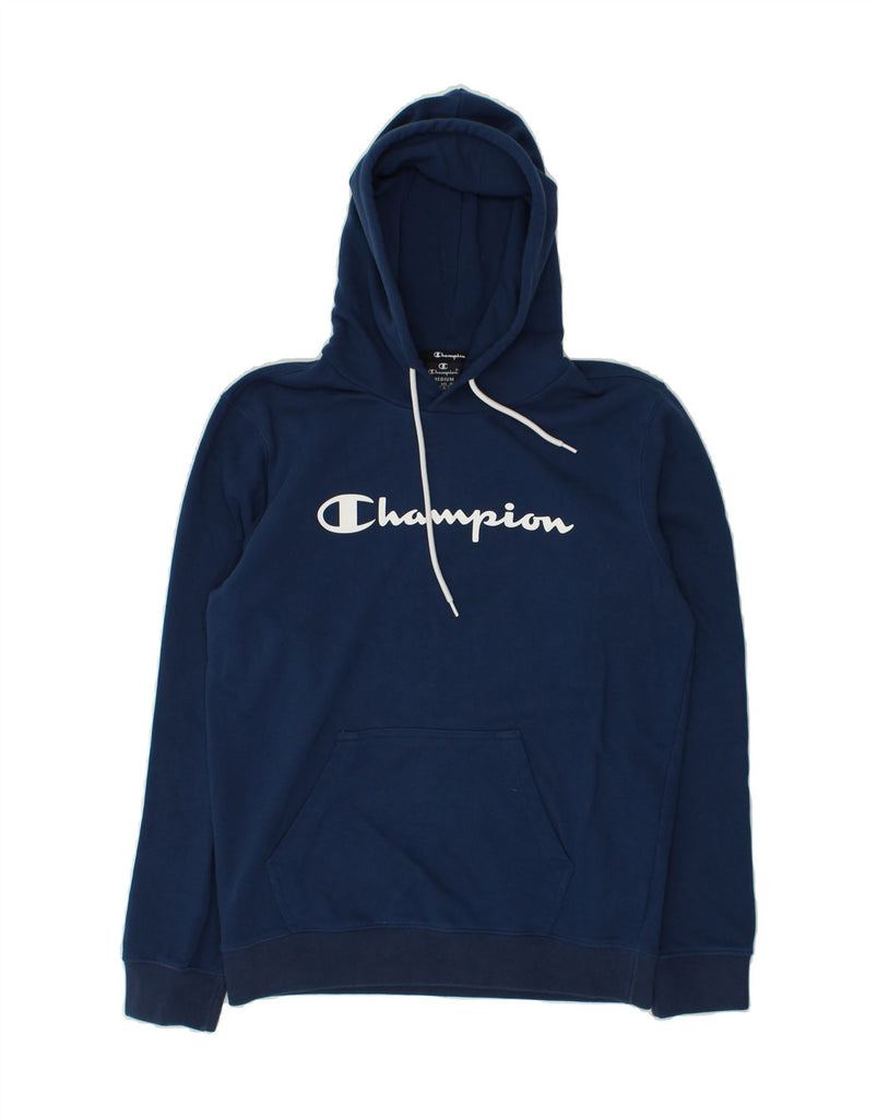 CHAMPION Mens Graphic Hoodie Jumper Medium Navy Blue Cotton | Vintage Champion | Thrift | Second-Hand Champion | Used Clothing | Messina Hembry 