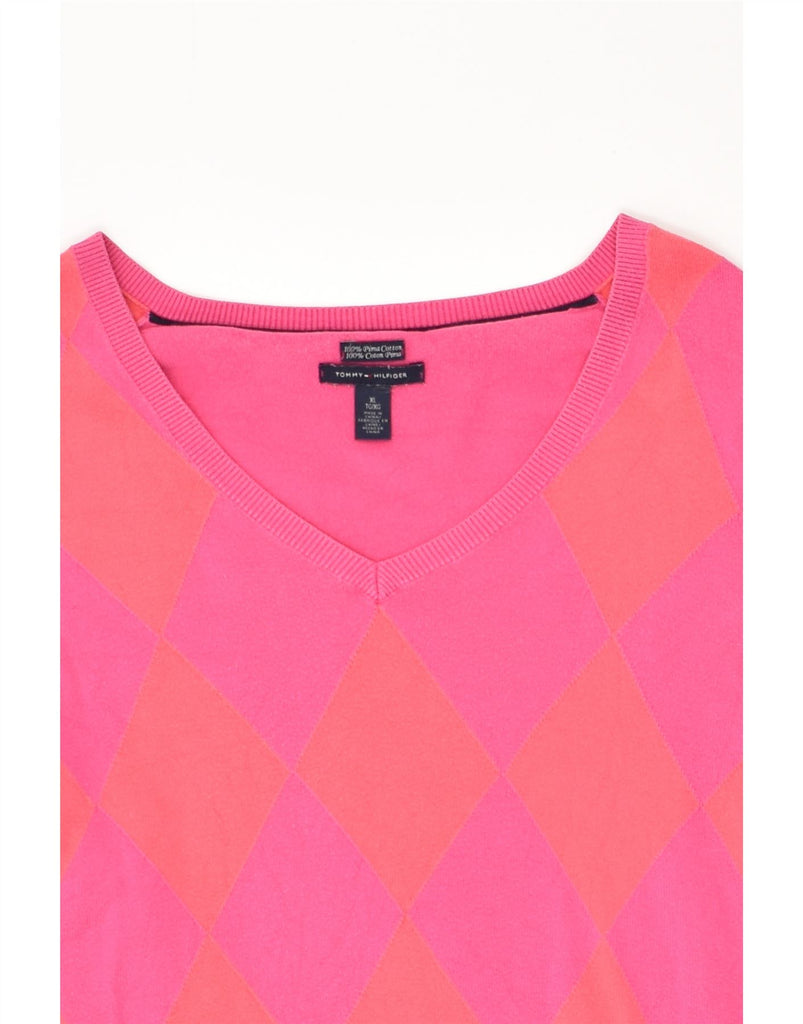 TOMMY HILFIGER Womens V-Neck Jumper Sweater UK 18 XL Pink Argyle/Diamond | Vintage Tommy Hilfiger | Thrift | Second-Hand Tommy Hilfiger | Used Clothing | Messina Hembry 