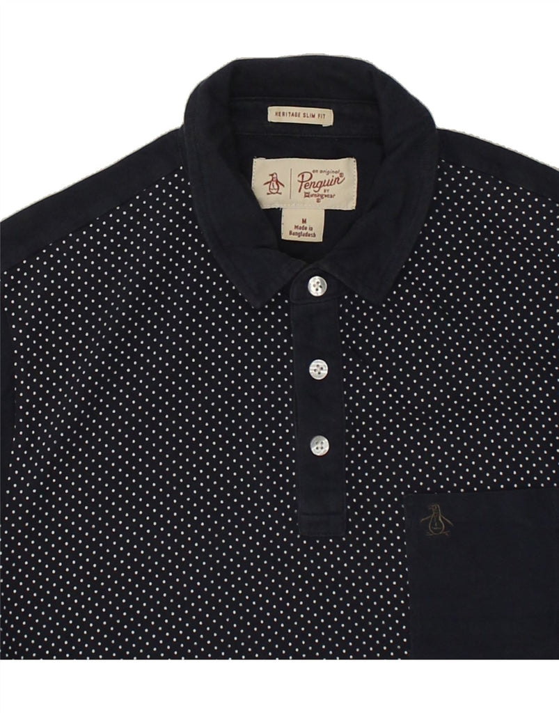 PENGUIN Mens Heritage Slim Fit Polo Shirt Medium Navy Blue Spotted Cotton | Vintage Penguin | Thrift | Second-Hand Penguin | Used Clothing | Messina Hembry 