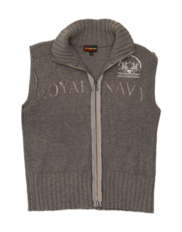 La Martina Womens Graphic Sleeveless Cardigan Sweater UK 14 Large Grey Wool