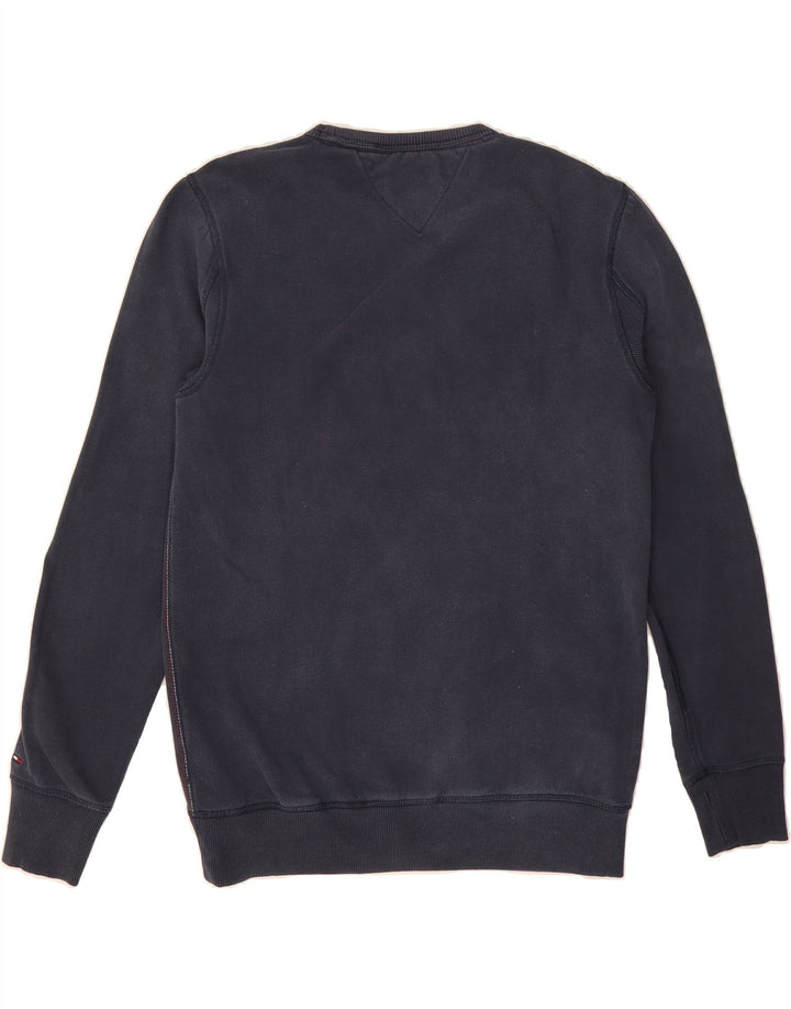 TOMMY HILFIGER Mens Graphic Sweatshirt Jumper Small Navy Blue Cotton Vintage Tommy Hilfiger and Second-Hand Tommy Hilfiger from Messina Hembry 