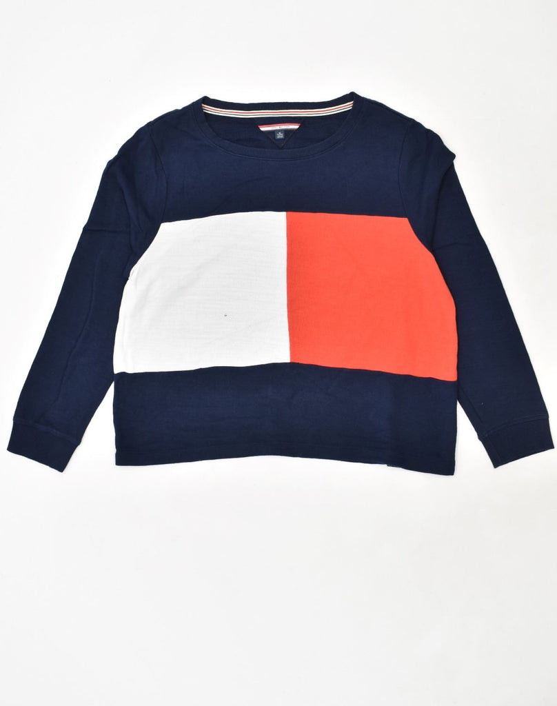 TOMMY HILFIGER Womens Crop Sweatshirt Jumper UK 18 XL Blue Colourblock | Vintage Tommy Hilfiger | Thrift | Second-Hand Tommy Hilfiger | Used Clothing | Messina Hembry 