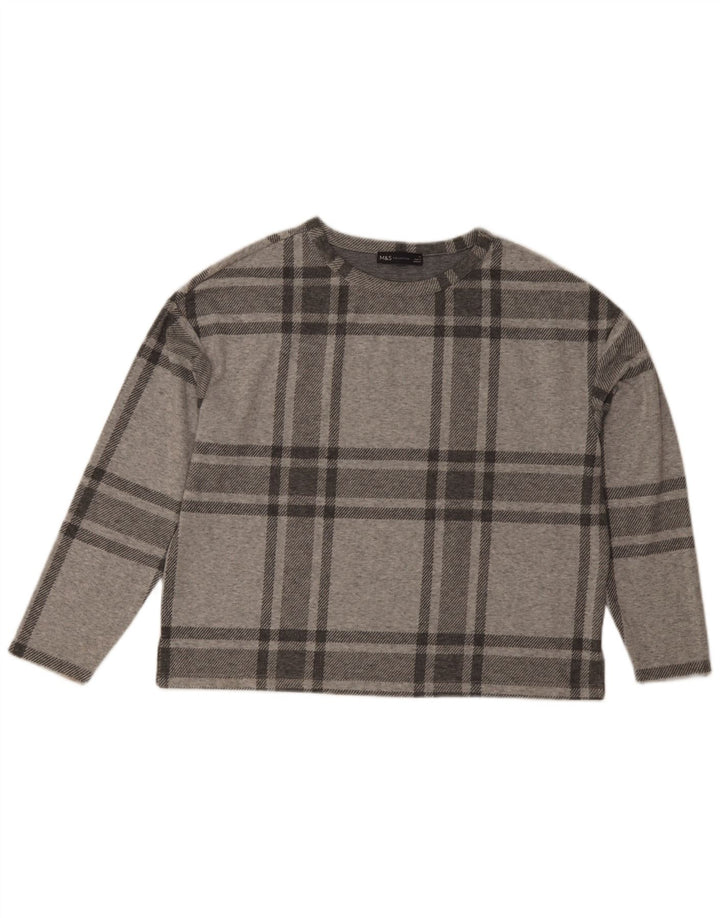 Marks & Spencer Womens Top Long Sleeve UK 14 Large Grey Plaid Polyester