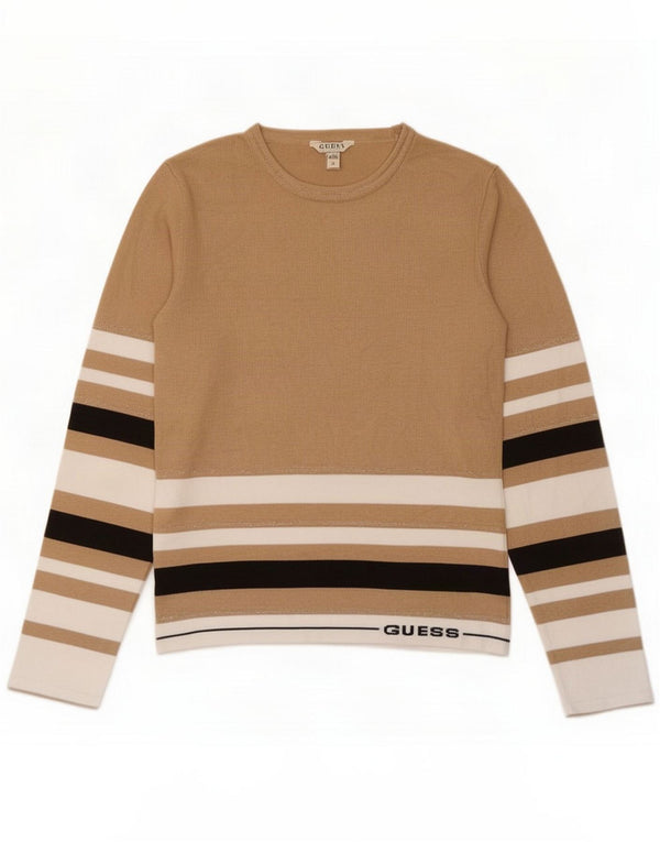 Guess Womens Graphic Top Long Sleeve UK 12 Medium Beige Striped Viscose