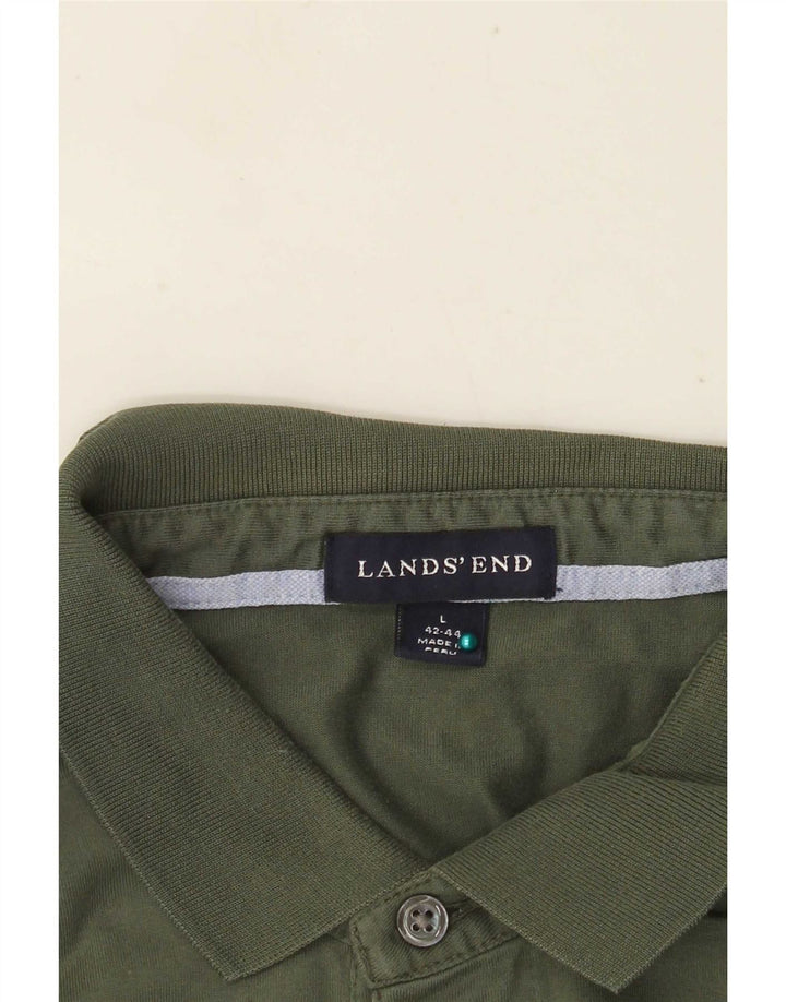 Lands End Mens Long Sleeve Polo Shirt Large Green Cotton