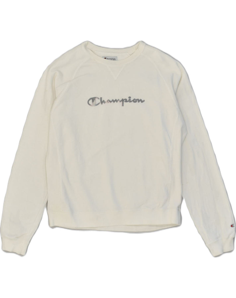 CHAMPION Womens Graphic Sweatshirt Jumper UK 12 Medium White Cotton | Vintage Champion | Thrift | Second-Hand Champion | Used Clothing | Messina Hembry 