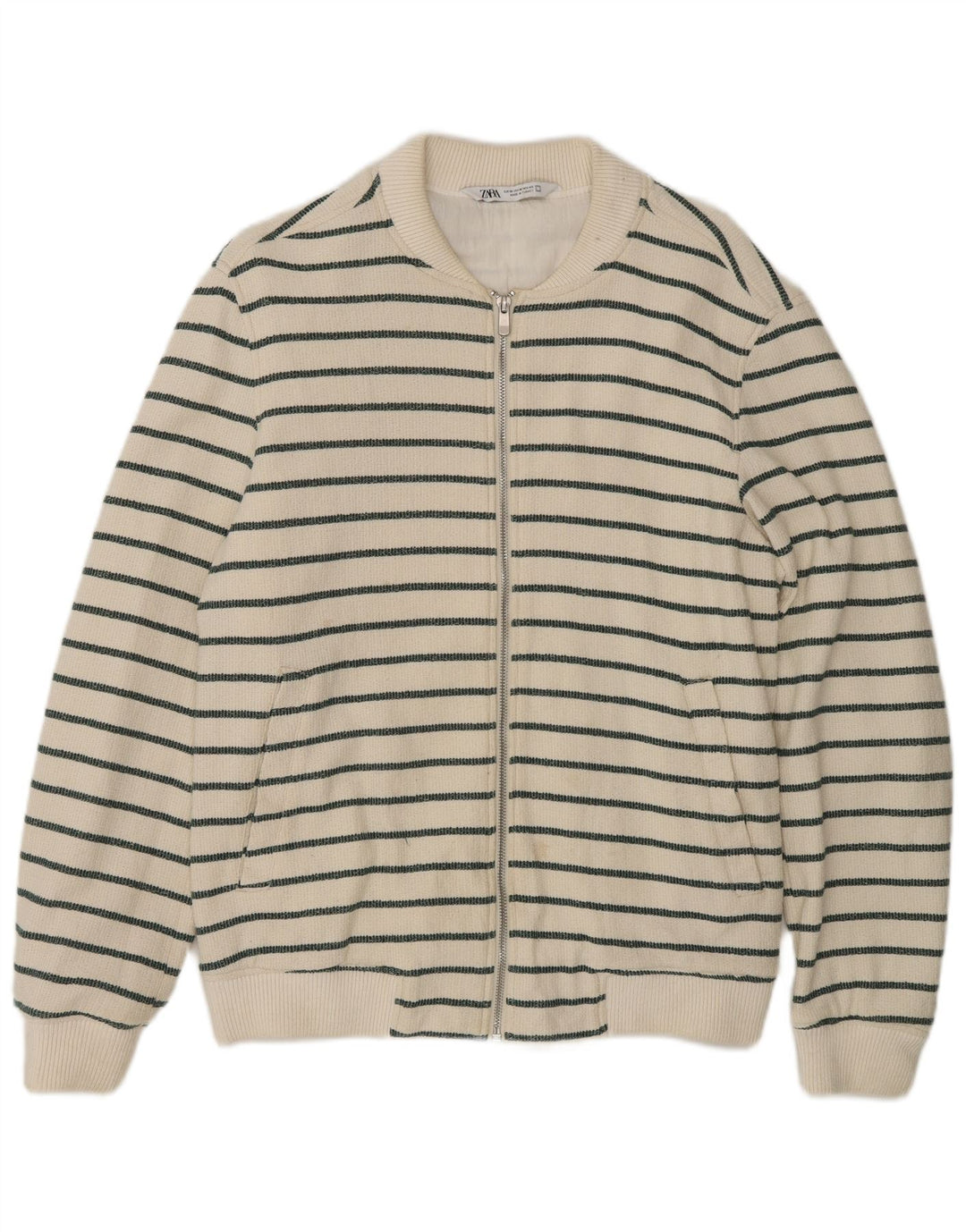 Zara Mens Cardigan Sweater Medium White Striped Cotton