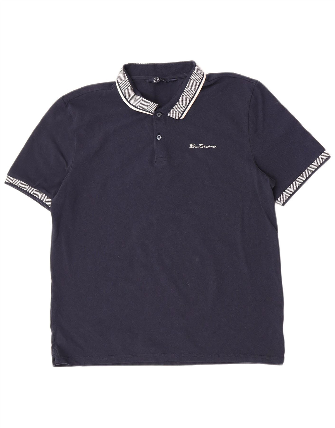 Ben Sherman Mens Polo Shirt Large Navy Blue Striped Cotton