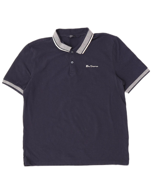 Ben Sherman Mens Polo Shirt Large Navy Blue Striped Cotton