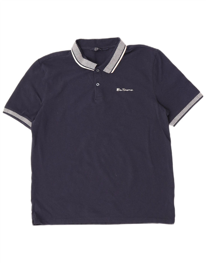 Ben Sherman Mens Polo Shirt Large Navy Blue Striped Cotton