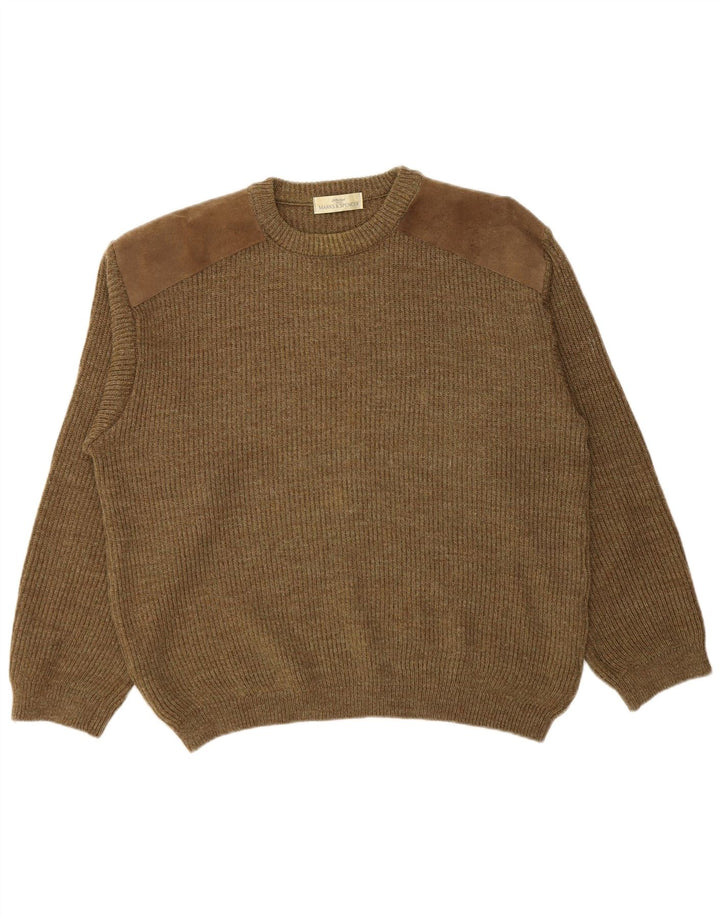 Marks & Spencer Mens Crew Neck Jumper Sweater Large Khaki Colourblock Wool