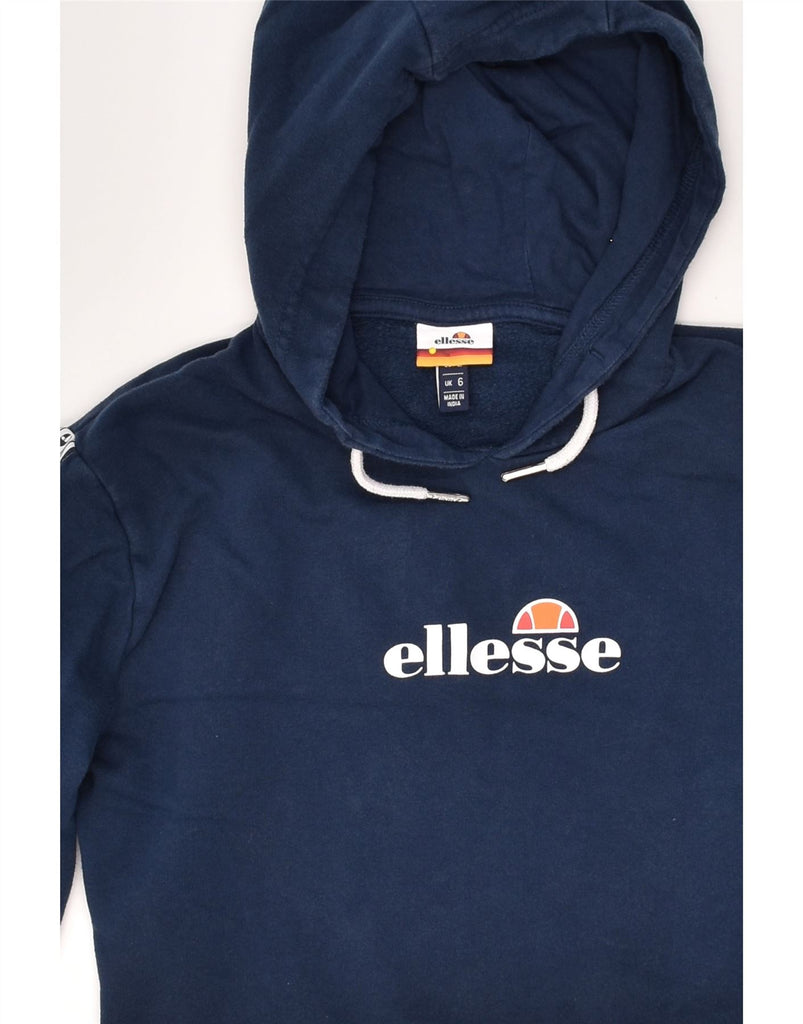 ELLESSE Womens Graphic Crop Hoodie Jumper UK 6 XS Navy Blue Cotton | Vintage Ellesse | Thrift | Second-Hand Ellesse | Used Clothing | Messina Hembry 