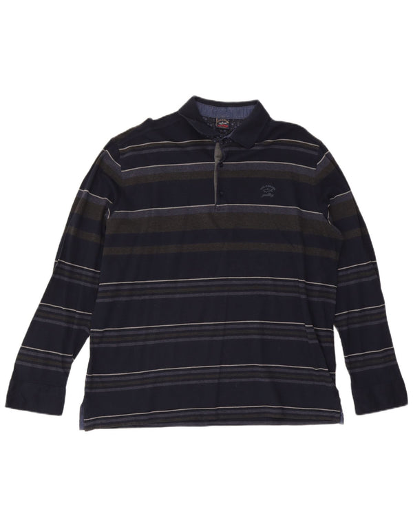 Paul & Shark Mens Long Sleeve Rugby Polo Shirt Large Navy Blue Striped