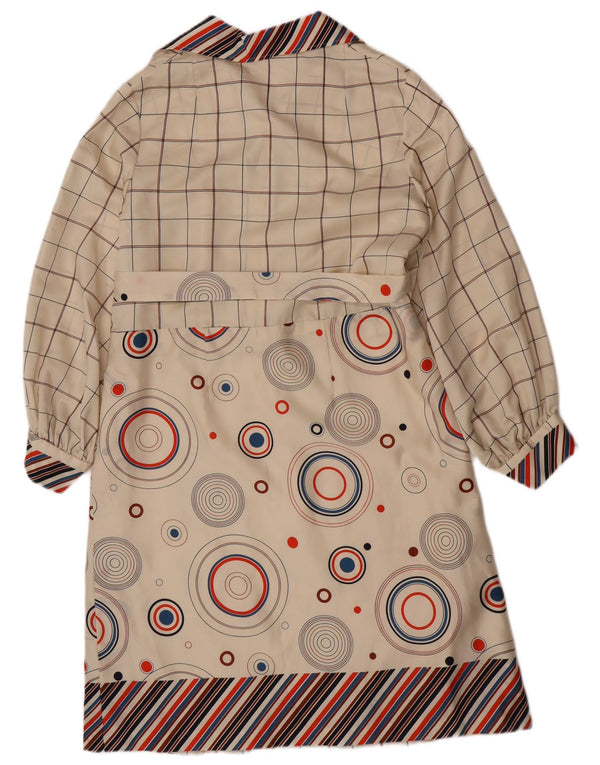 Vintage Womens Long Sleeve A-Line Dress UK 16 Large Beige Geometric