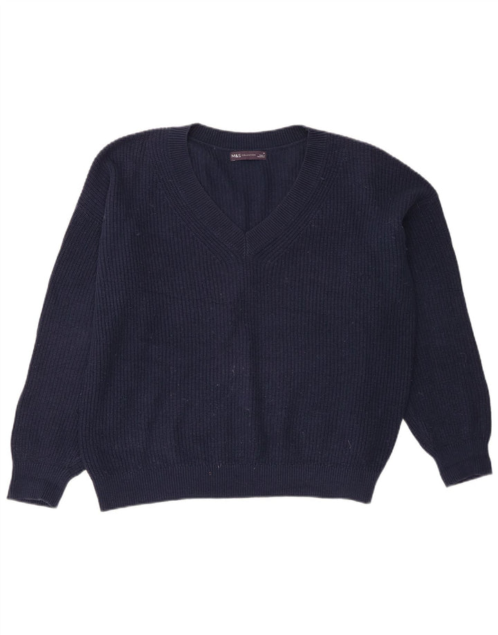 Marks & Spencer Womens Crop V-Neck Jumper Sweater UK 14 Medium Navy Blue