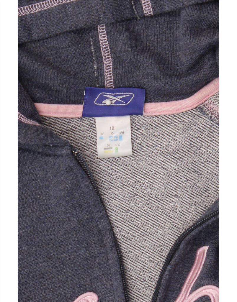 REEBOK Womens Graphic Zip Hoodie Sweater UK 10 Small Blue Polyester Vintage Reebok and Second-Hand Reebok from Messina Hembry 