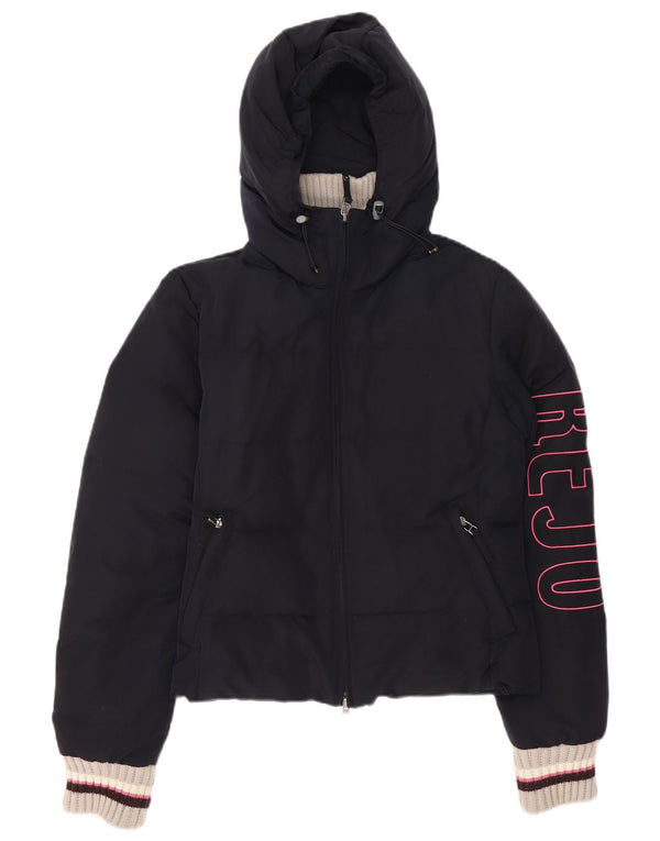 Kejo Womens Graphic Hooded Padded Jacket IT 42 Medium Navy Blue Polyamide