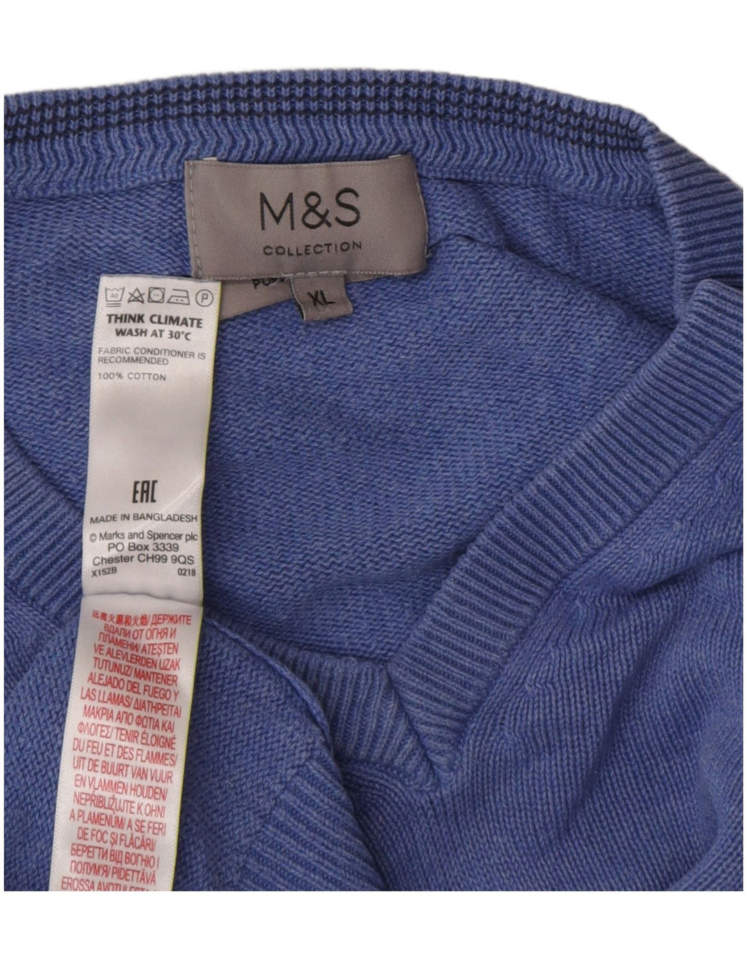 Marks & Spencer Mens V-Neck Jumper Sweater XL Blue Cotton
