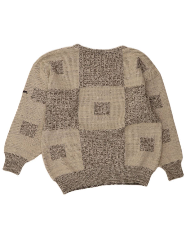 Vintage Mens Boat Neck Jumper Sweater IT 52 Large Grey Geometric Acrylic