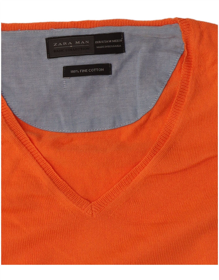 Zara Mens V-Neck Jumper Sweater Medium Orange Cotton