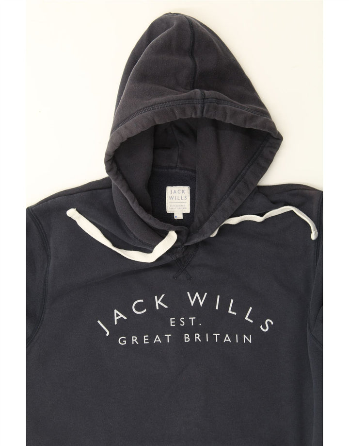 JACK WILLS Mens Graphic Hoodie Jumper Medium Navy Blue Cotton Vintage Jack Wills and Second-Hand Jack Wills from Messina Hembry 